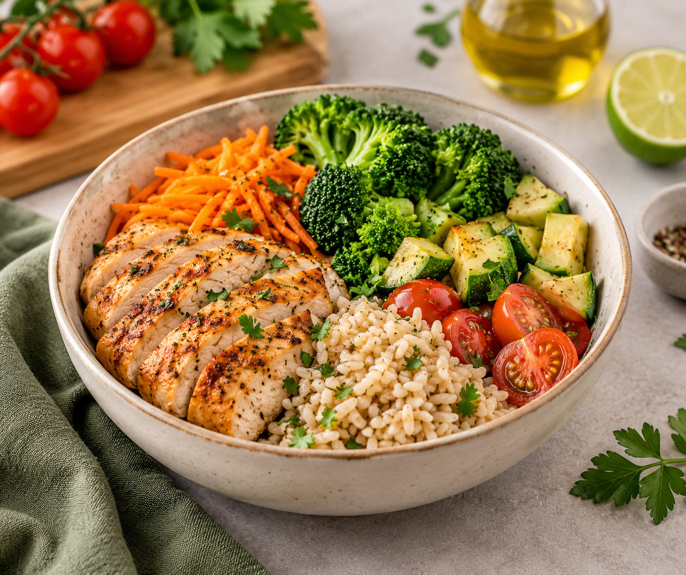 Bowl de frango com legumes e arroz integral